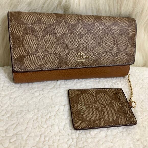 COACH Khaki/Acorn Coated Canvas Trifold Signature Wallet w/Lanyard F53763 - Picture 1 of 16